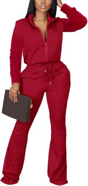 2 Piece Outfits for Women Long Sleeve Zipup Jacket Wide Leg Pants Retro Pure Color Tracksuit Sport Set Wine Red