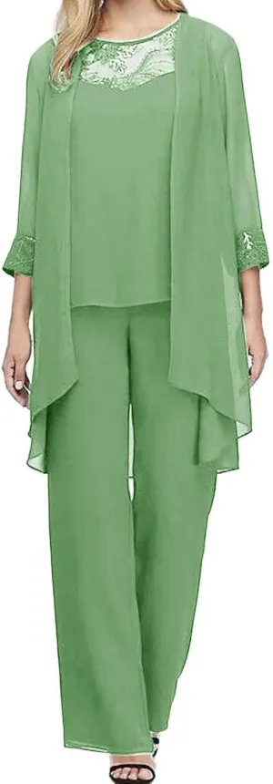 3 Pieces Formal Outfit Set Mother of The Bride Pant Suits Chiffon Lace Applique Special Occasion Wear