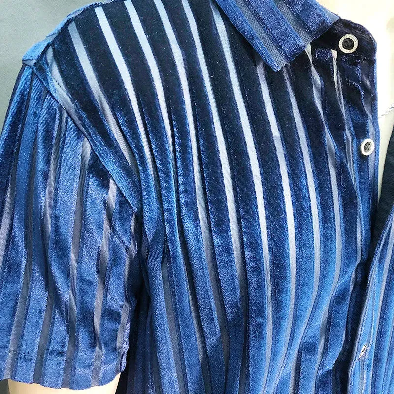 Aidase High Quality Shirt Trendy Transparent Blue Stripe Shirt Men Sexy Velvet Shirt Men Short Sleeve Clothing See Through Social Club