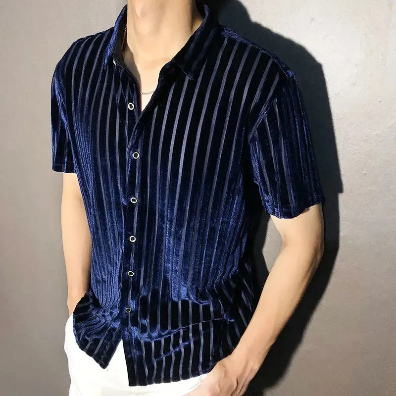 Aidase High Quality Shirt Trendy Transparent Blue Stripe Shirt Men Sexy Velvet Shirt Men Short Sleeve Clothing See Through Social Club