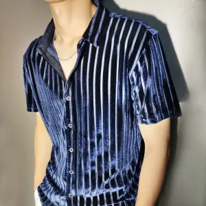 Aidase High Quality Shirt Trendy Transparent Blue Stripe Shirt Men Sexy Velvet Shirt Men Short Sleeve Clothing See Through Social Club