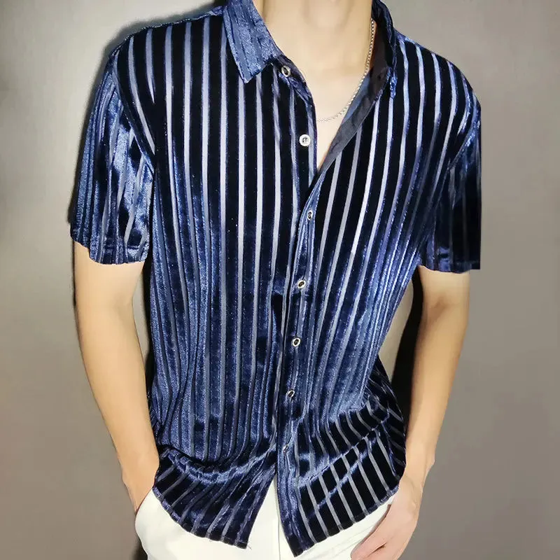 Aidase High Quality Shirt Trendy Transparent Blue Stripe Shirt Men Sexy Velvet Shirt Men Short Sleeve Clothing See Through Social Club