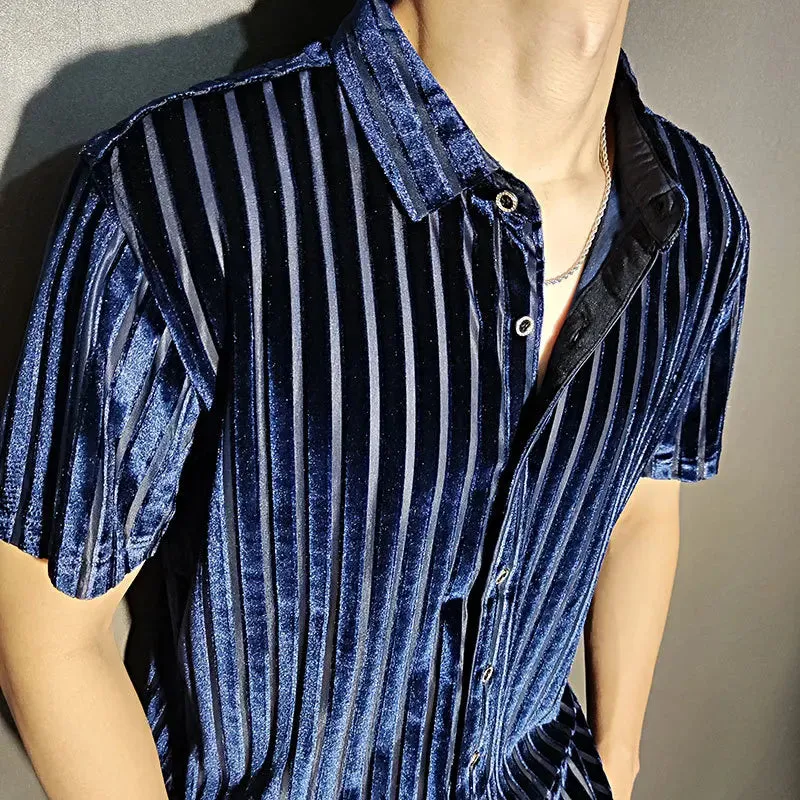 Aidase High Quality Shirt Trendy Transparent Blue Stripe Shirt Men Sexy Velvet Shirt Men Short Sleeve Clothing See Through Social Club