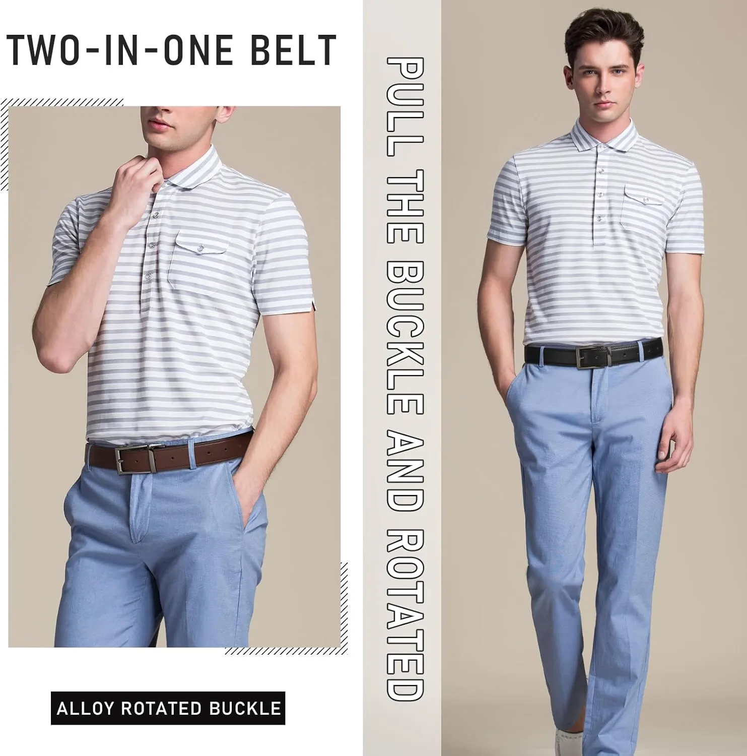 AWAYTR Reversible Leather Belt for Women - Two Color-in-One Belt for Women Men Belt with Rotated Buckle for Jeans Dress