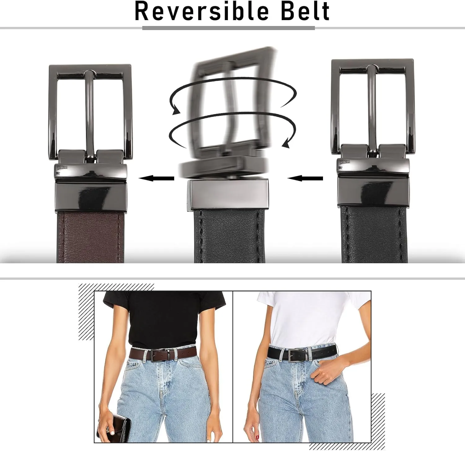 AWAYTR Reversible Leather Belt for Women - Two Color-in-One Belt for Women Men Belt with Rotated Buckle for Jeans Dress