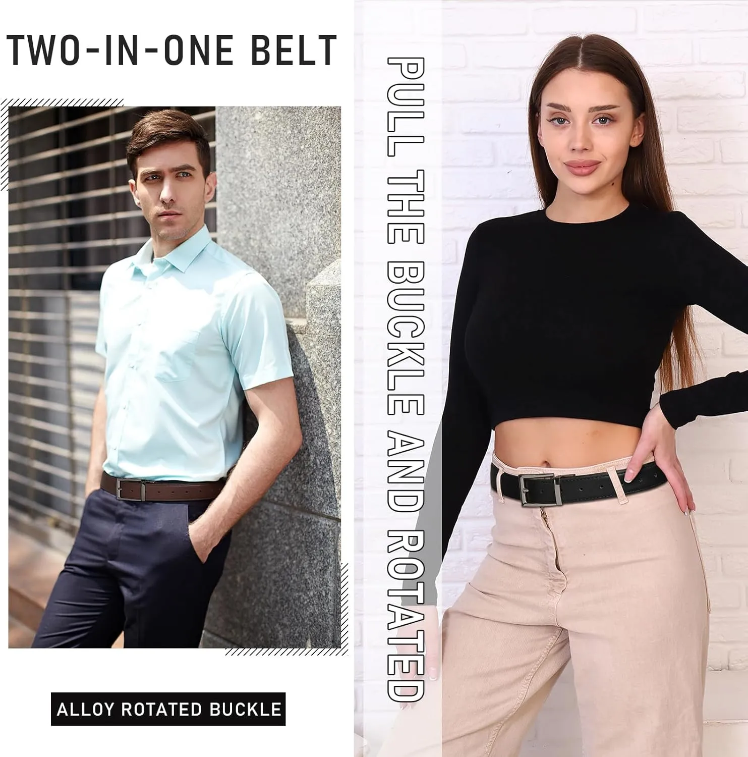 AWAYTR Reversible Leather Belt for Women - Two Color-in-One Belt for Women Men Belt with Rotated Buckle for Jeans Dress