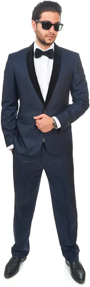 AZAR MAN Slim Fit Men Suit/Tuxedo Navy Blue 1 Button Shawl Velvet Lapel