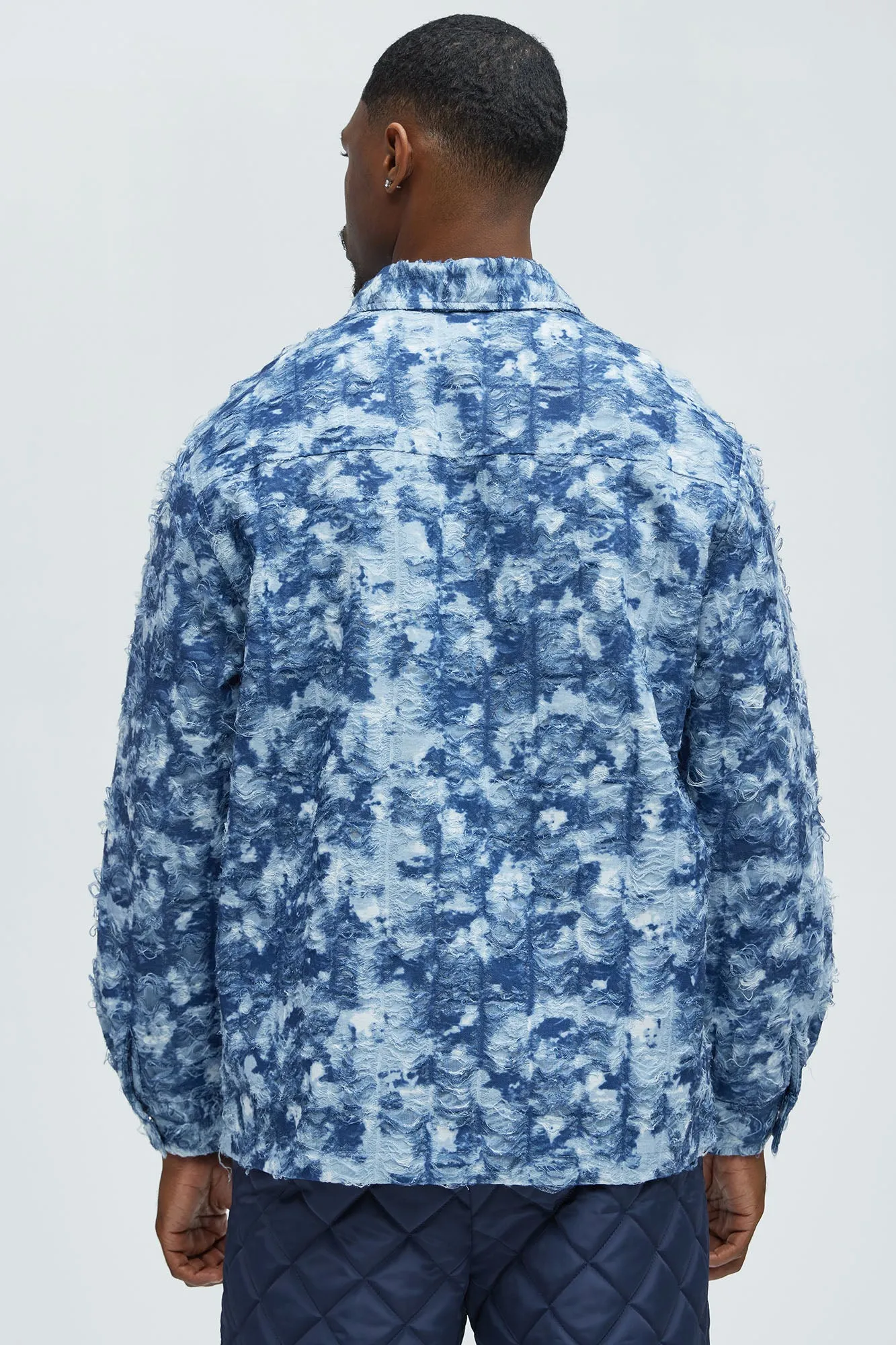 Babson Distressed Denim Like Button Up Shirt - Blue/combo