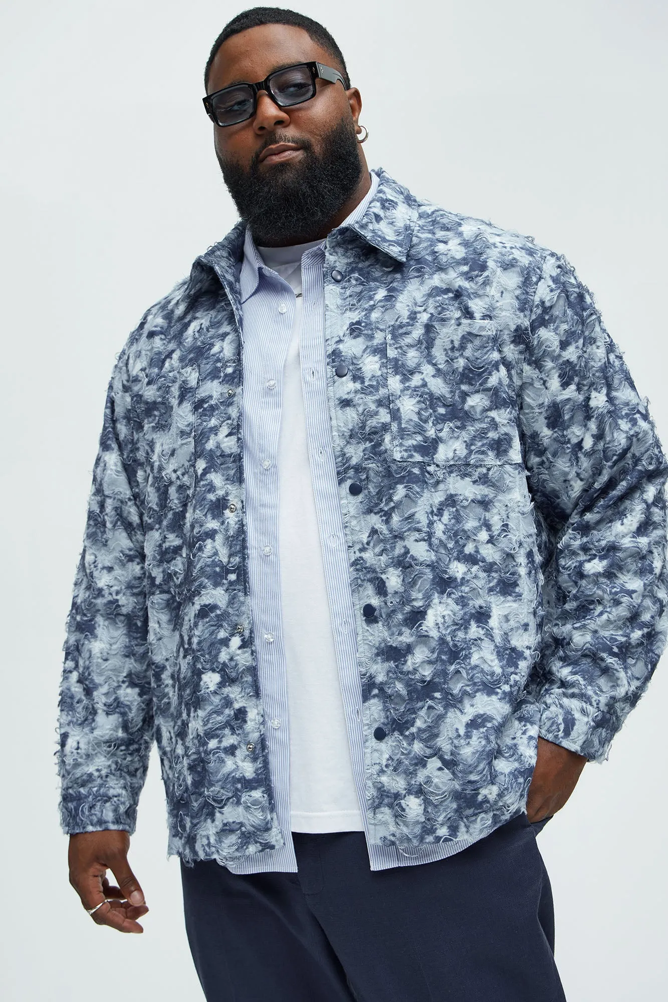 Babson Distressed Denim Like Button Up Shirt - Blue/combo