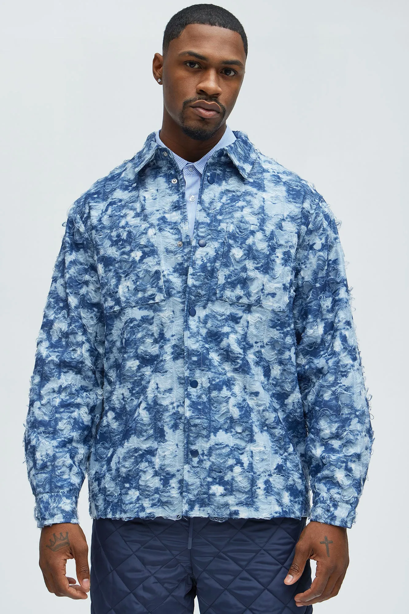 Babson Distressed Denim Like Button Up Shirt - Blue/combo