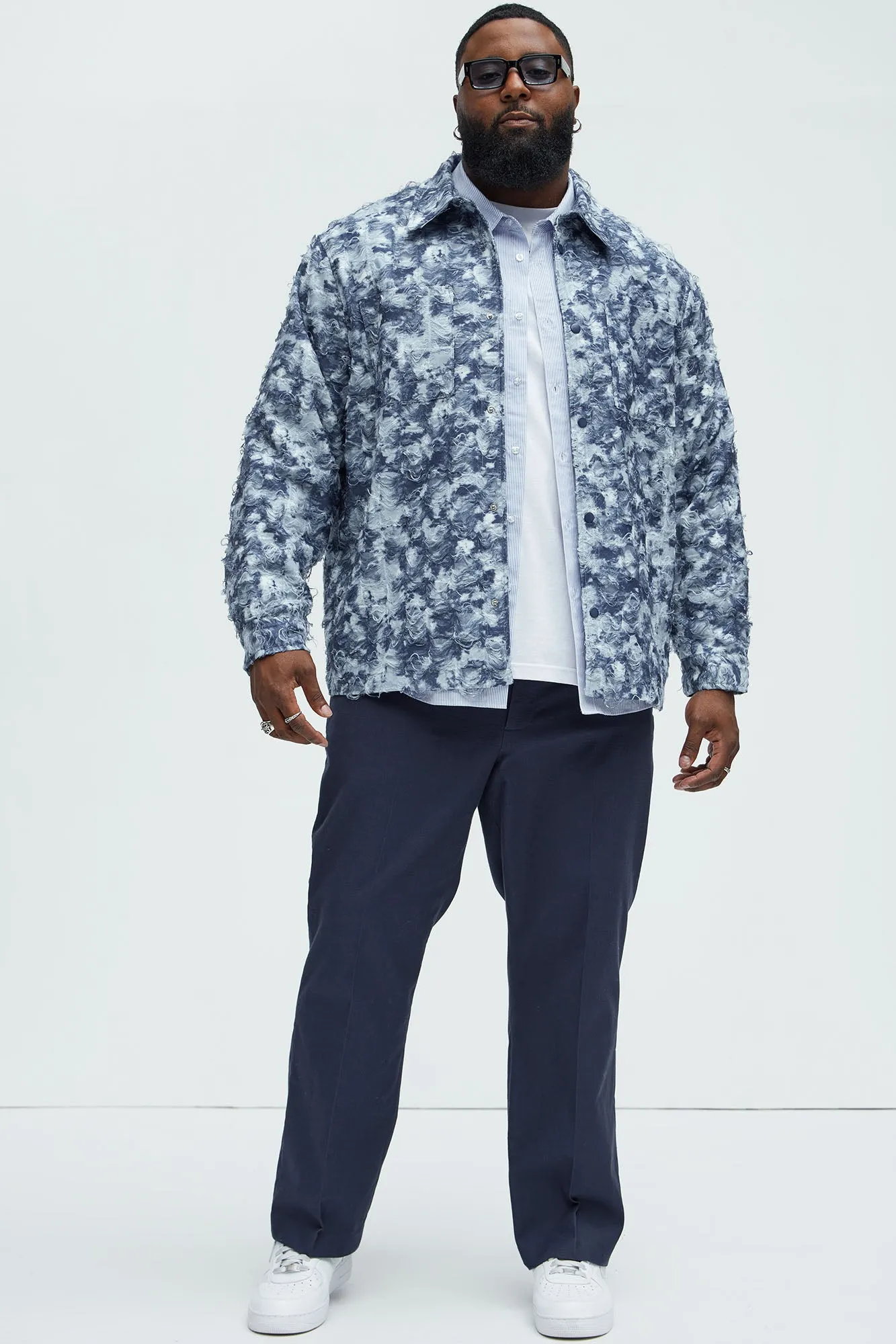 Babson Distressed Denim Like Button Up Shirt - Blue/combo