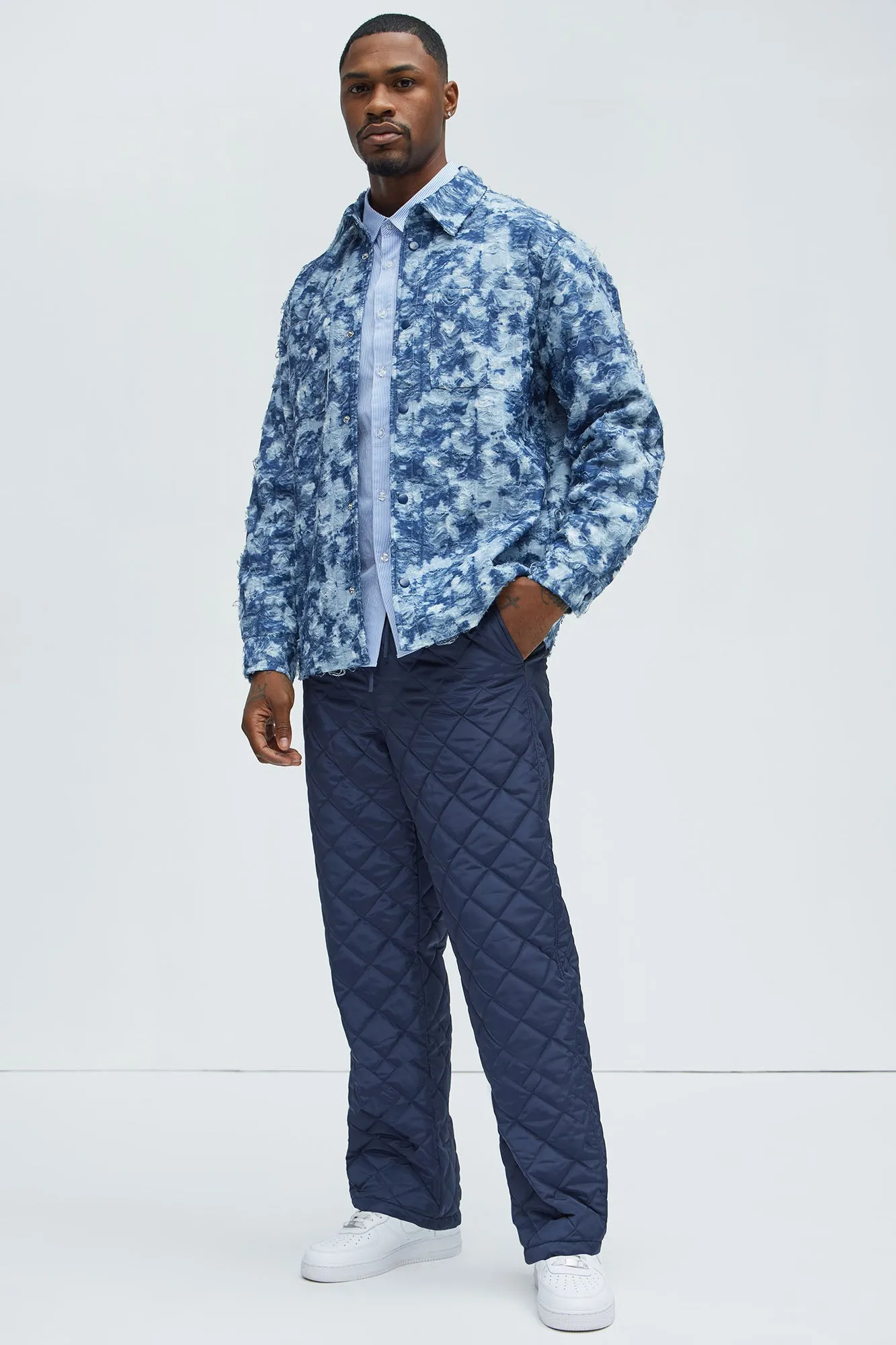 Babson Distressed Denim Like Button Up Shirt - Blue/combo