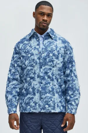 Babson Distressed Denim Like Button Up Shirt - Blue/combo