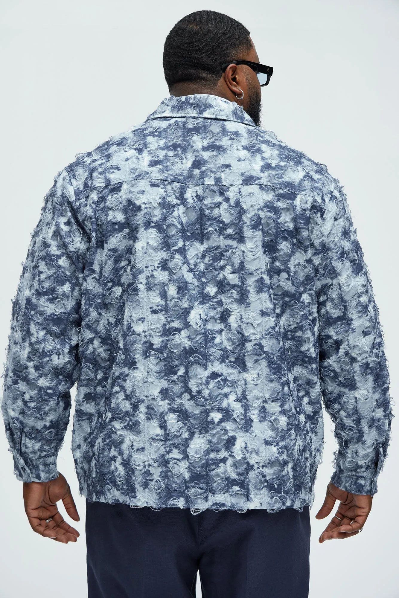 Babson Distressed Denim Like Button Up Shirt - Blue/combo