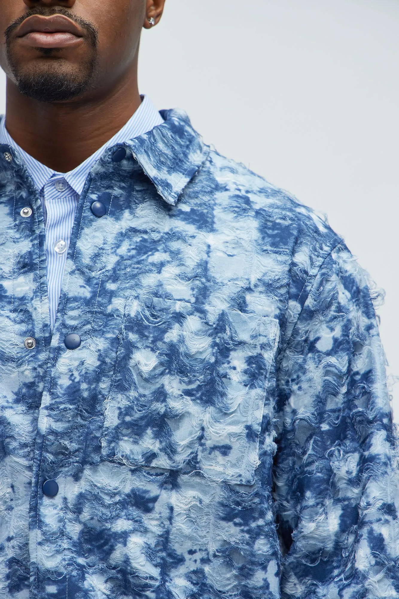 Babson Distressed Denim Like Button Up Shirt - Blue/combo