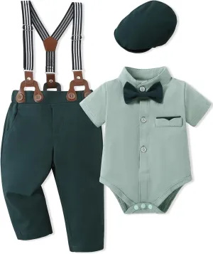 Baby Boy Clothes Suits 3-24M Infant Gentleman Outfits, Short Sleeve Shirt Bowtie Beret Suspender Pants Clothing Set