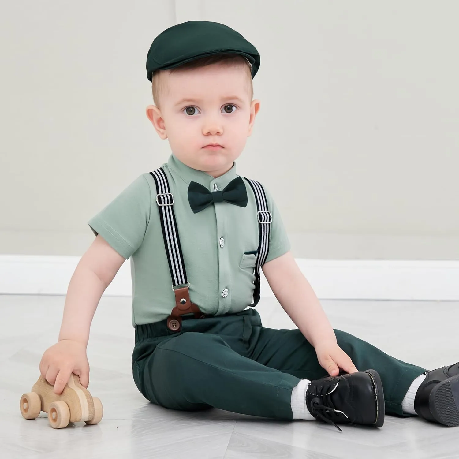 Baby Boy Clothes Suits 3-24M Infant Gentleman Outfits, Short Sleeve Shirt Bowtie Beret Suspender Pants Clothing Set
