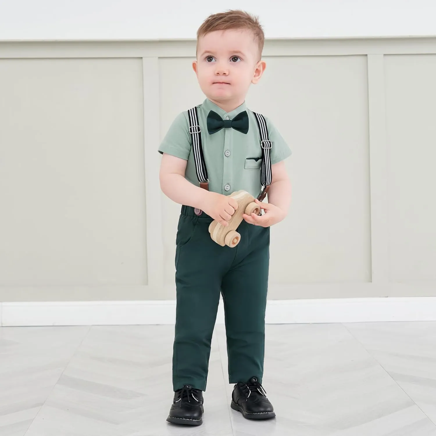 Baby Boy Clothes Suits 3-24M Infant Gentleman Outfits, Short Sleeve Shirt Bowtie Beret Suspender Pants Clothing Set