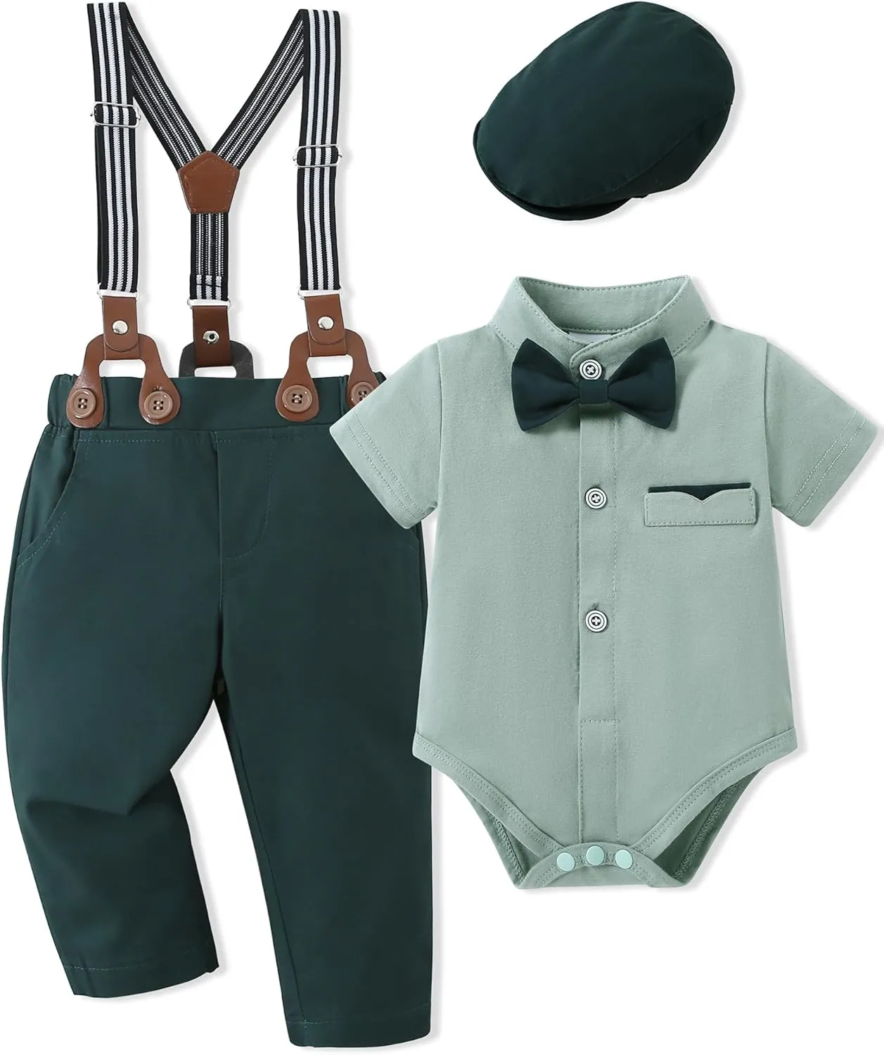 Baby Boy Clothes Suits 3-24M Infant Gentleman Outfits, Short Sleeve Shirt Bowtie Beret Suspender Pants Clothing Set