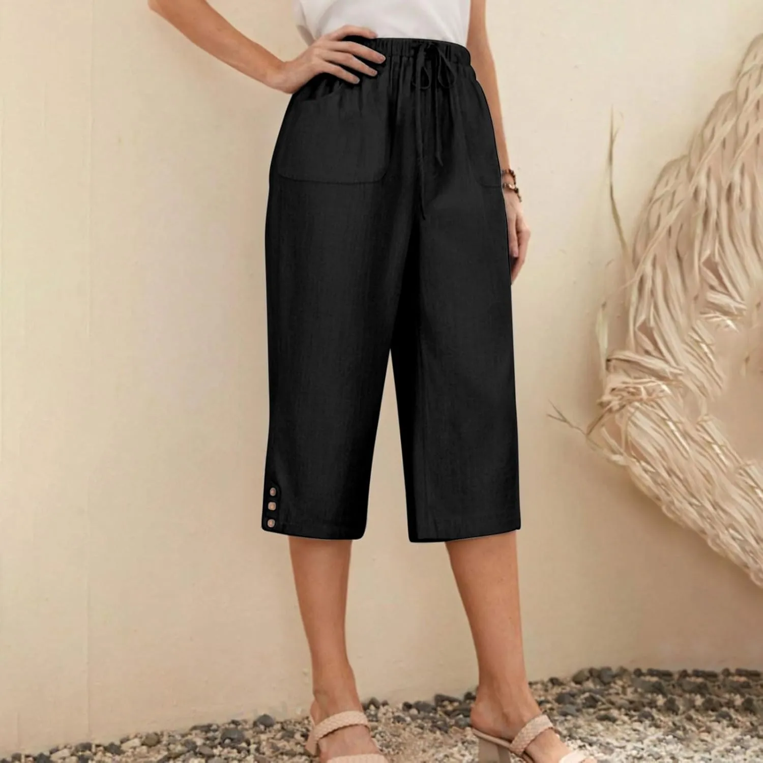 Below Knee Capris for Women Cotton Linen Cropped Pants Summer Casual Elastic High Waisted Harem Trousers with Pockets