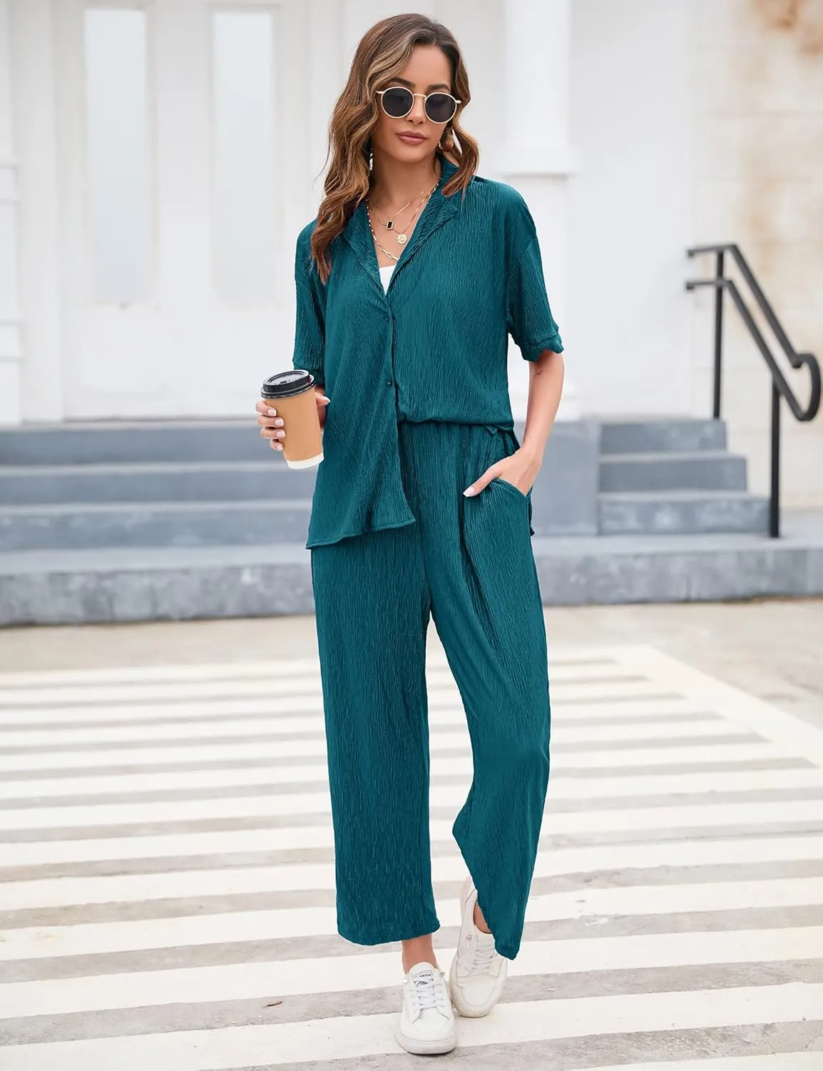 BLUEMING Women Pleated 2 Piece Outfits for Women Long Sleeve Button Down Shirt Wide Leg Pants Sets Casual Loungewear