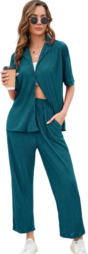 BLUEMING Women Pleated 2 Piece Outfits for Women Long Sleeve Button Down Shirt Wide Leg Pants Sets Casual Loungewear