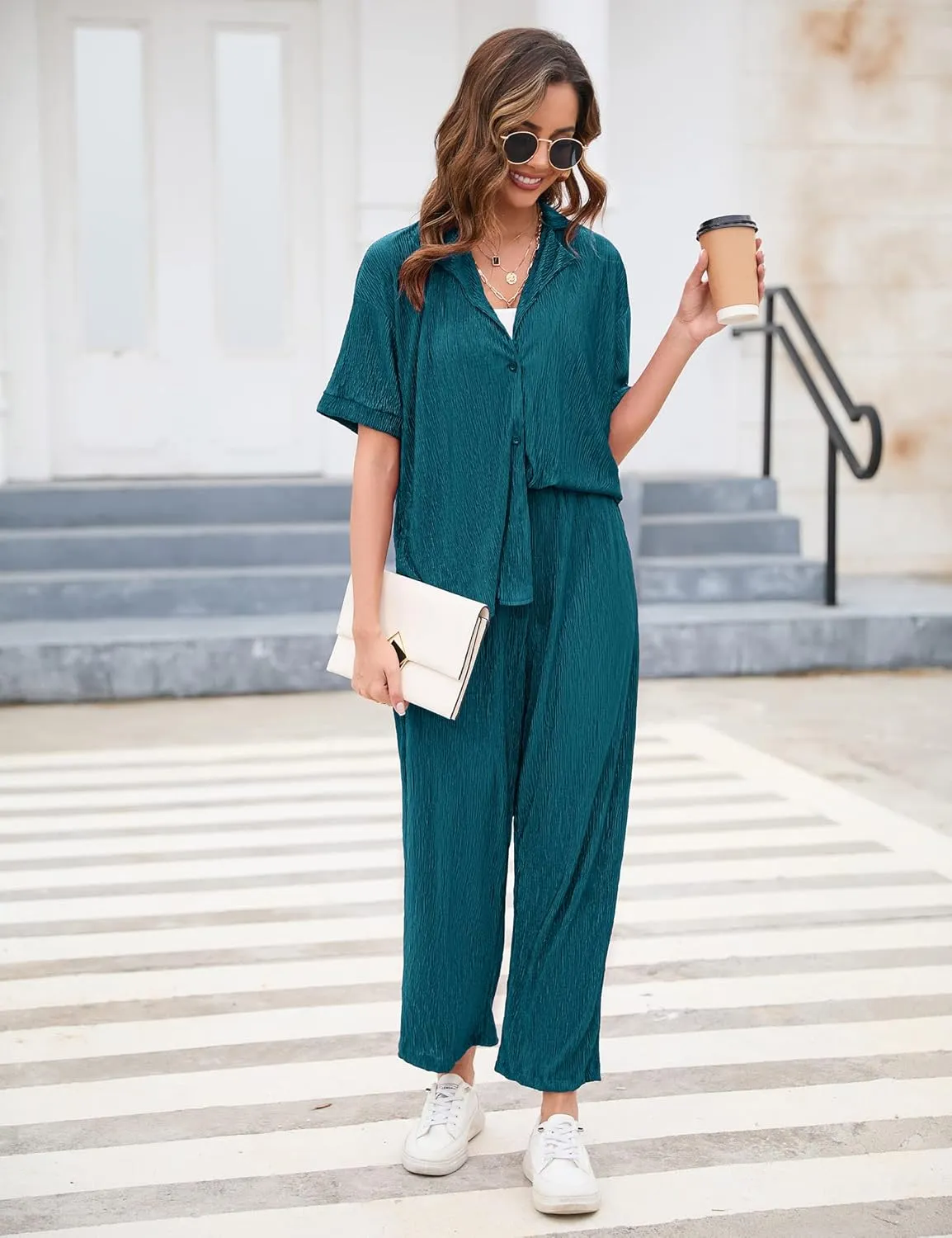 BLUEMING Women Pleated 2 Piece Outfits for Women Long Sleeve Button Down Shirt Wide Leg Pants Sets Casual Loungewear