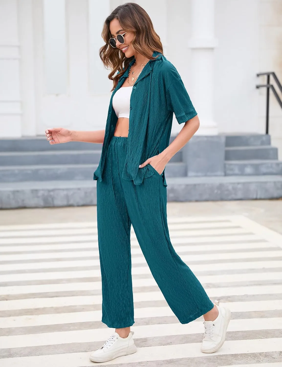 BLUEMING Women Pleated 2 Piece Outfits for Women Long Sleeve Button Down Shirt Wide Leg Pants Sets Casual Loungewear