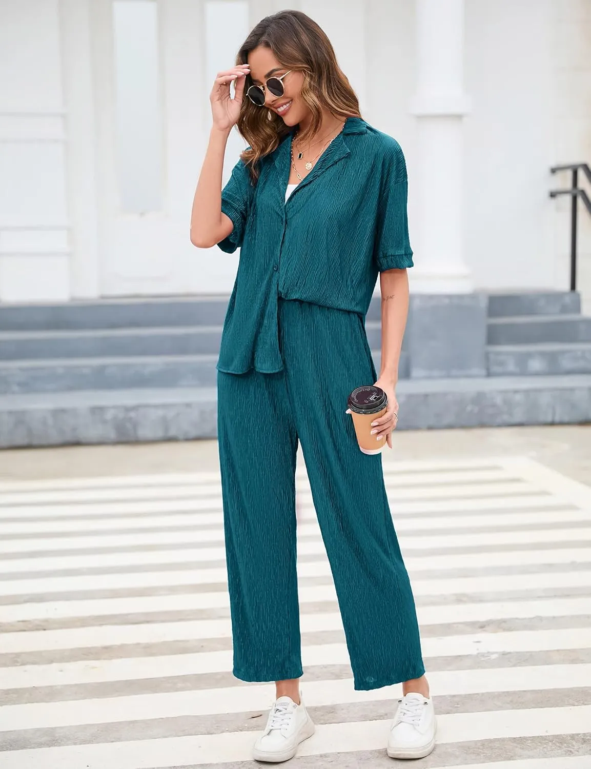 BLUEMING Women Pleated 2 Piece Outfits for Women Long Sleeve Button Down Shirt Wide Leg Pants Sets Casual Loungewear