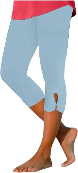 Capri Leggings for Women High Waist Stretch Workout Bottom Cropped Trousers Side Hollow Out Hem Slimming Yoga Pants
