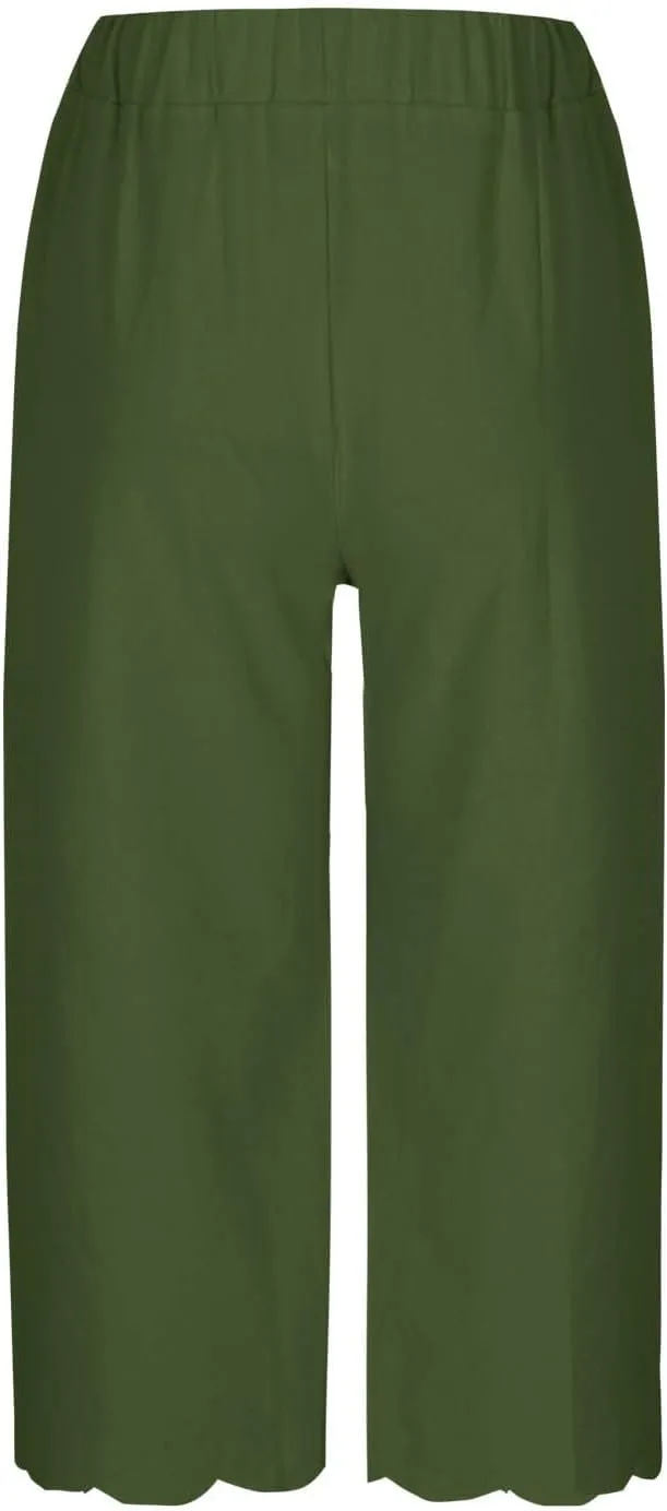 Capri Pants for Women Dressy Casual Summer Wide Leg Palazzo Capris Loose Cute Trendy Beach Trouser Floral Trim Bottom