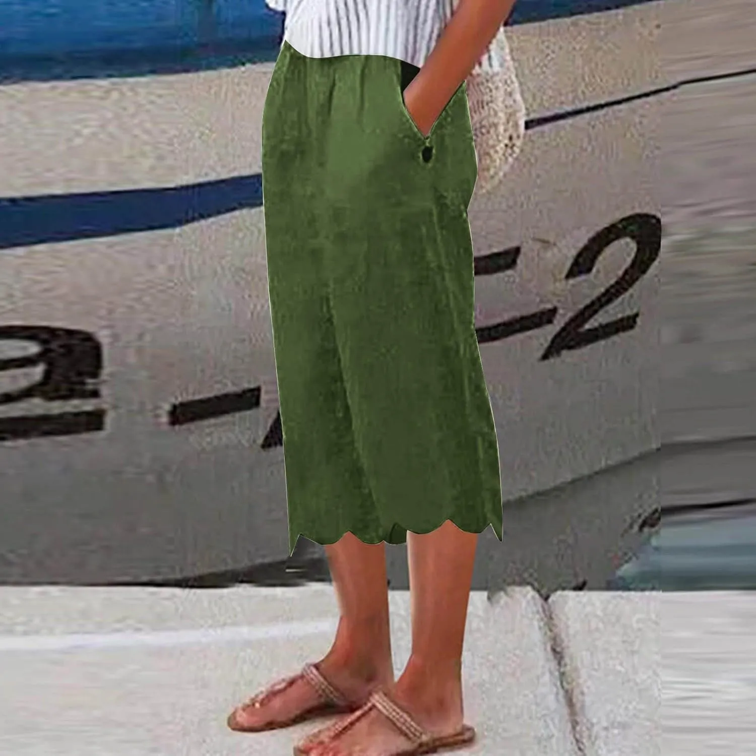 Capri Pants for Women Dressy Casual Summer Wide Leg Palazzo Capris Loose Cute Trendy Beach Trouser Floral Trim Bottom