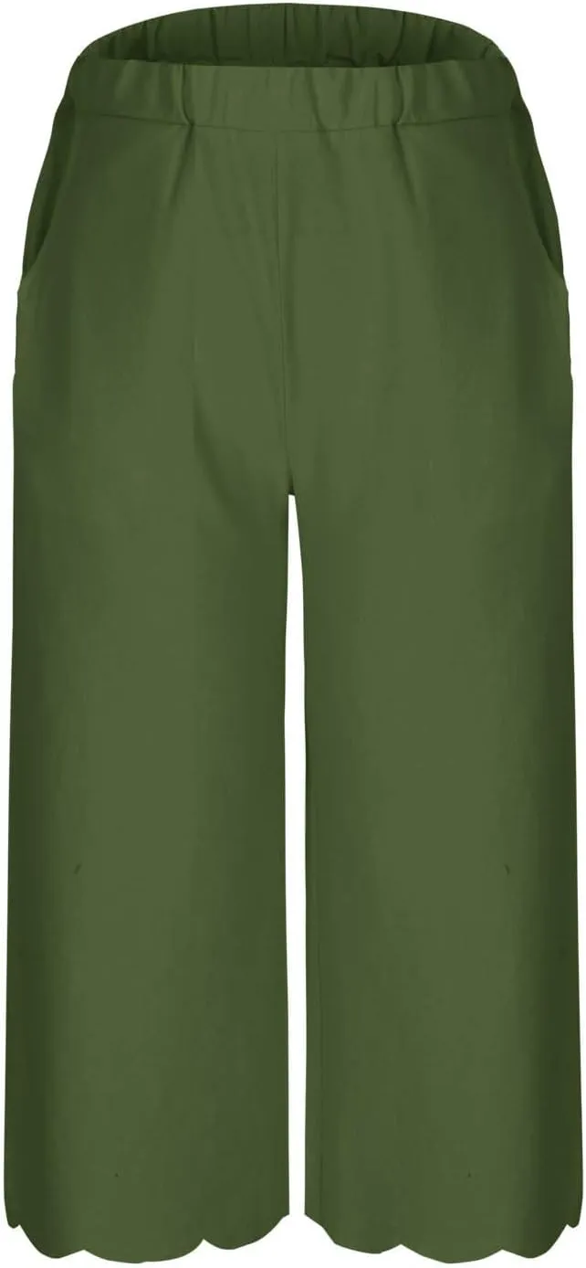 Capri Pants for Women Dressy Casual Summer Wide Leg Palazzo Capris Loose Cute Trendy Beach Trouser Floral Trim Bottom
