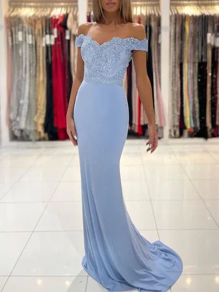 Chic Trumpet/Mermaid Off The Shoulder Light Sky Blue Lace Prom Dress Satin Evening Dress JKW219