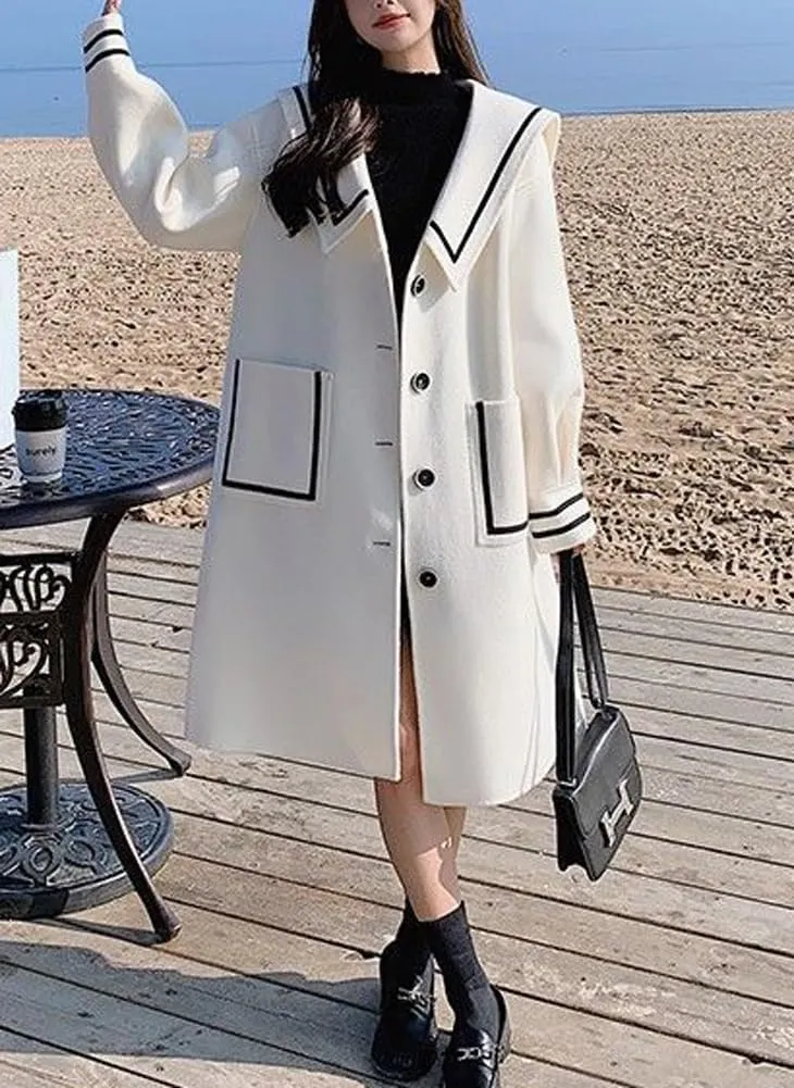 chouyatou Women's Contrast Color Striped Single Breasted Wool Coat Sailor Collar Dressy Midi Long Winter Trench Coat