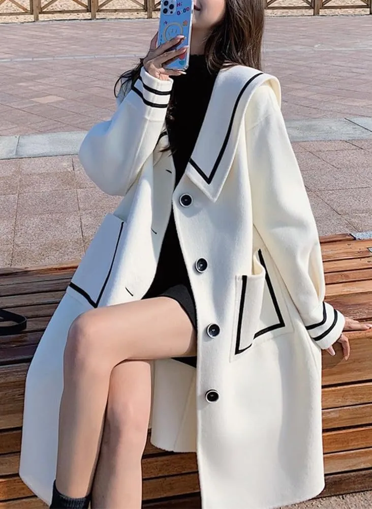 chouyatou Women's Contrast Color Striped Single Breasted Wool Coat Sailor Collar Dressy Midi Long Winter Trench Coat