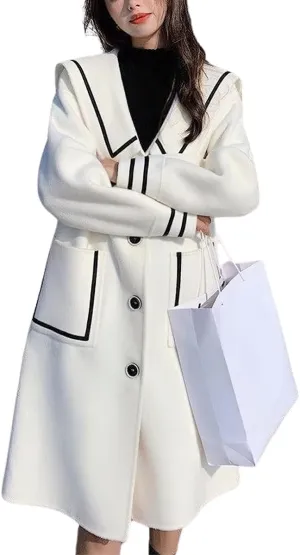 chouyatou Women's Contrast Color Striped Single Breasted Wool Coat Sailor Collar Dressy Midi Long Winter Trench Coat
