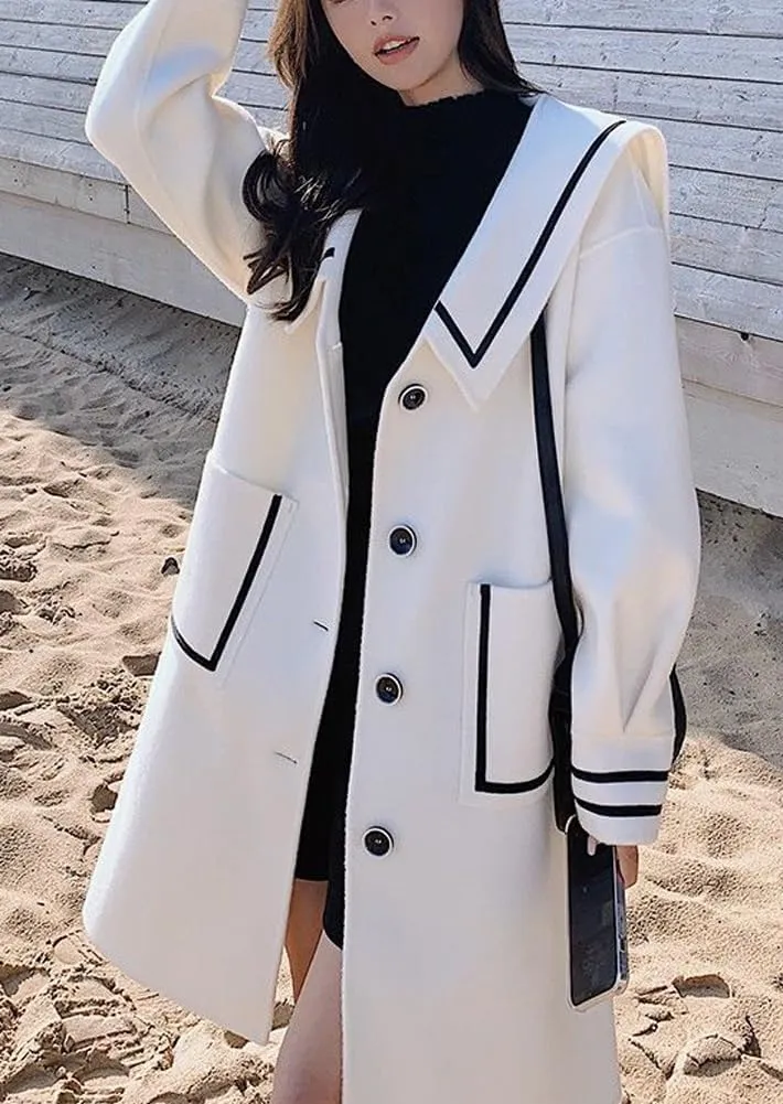 chouyatou Women's Contrast Color Striped Single Breasted Wool Coat Sailor Collar Dressy Midi Long Winter Trench Coat