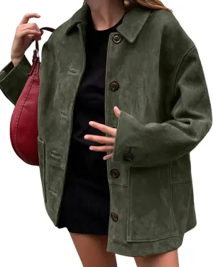 chouyatou Women's Fall Boyfriend Faux Suede Leather Jacket Casual Midi Long Button Down Shacket Coat