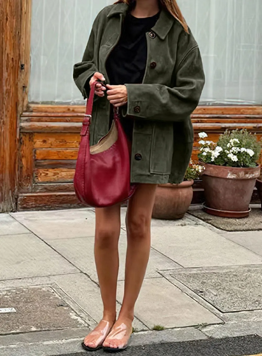 chouyatou Women's Fall Boyfriend Faux Suede Leather Jacket Casual Midi Long Button Down Shacket Coat