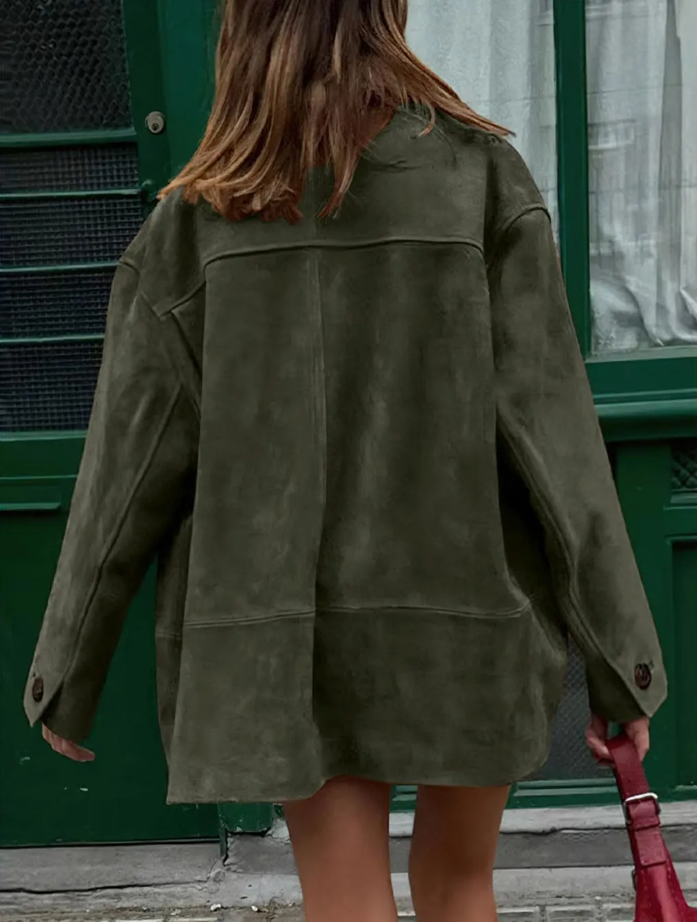 chouyatou Women's Fall Boyfriend Faux Suede Leather Jacket Casual Midi Long Button Down Shacket Coat