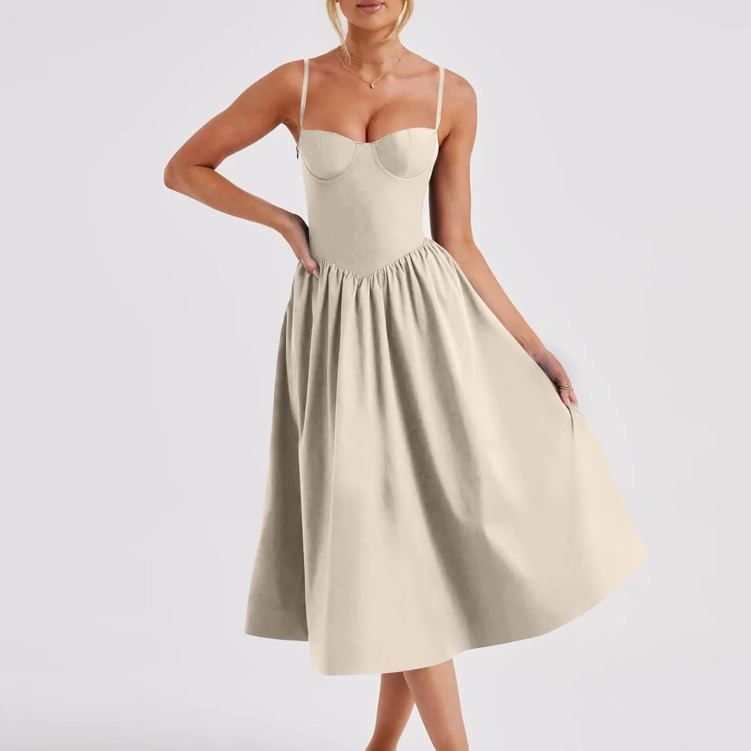 Corset Dress for Women Elegant Spaghetti Strap Bustier Midi Dress Flowy Pleated Hem Low Cut Prom Dresses with Pockets
