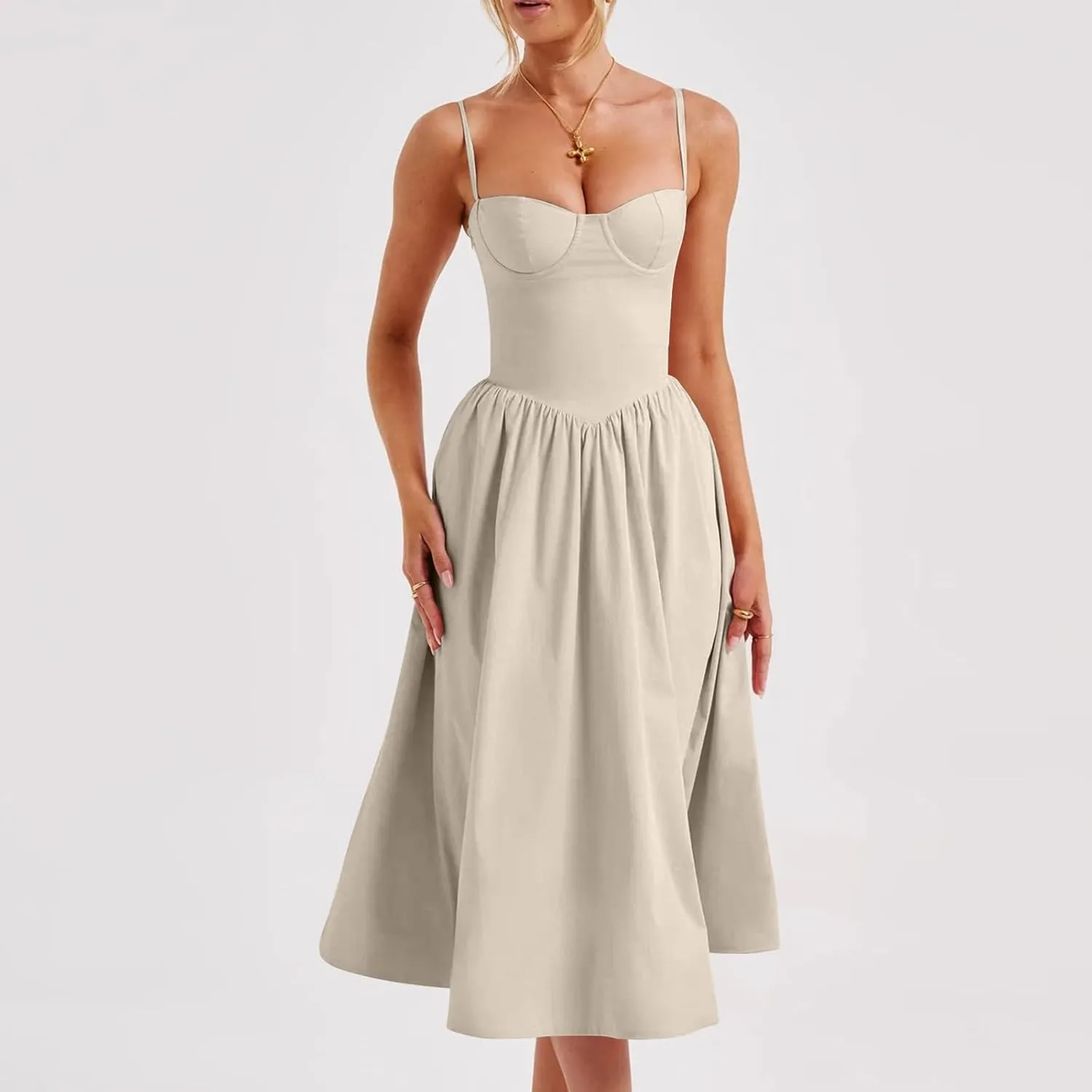 Corset Dress for Women Elegant Spaghetti Strap Bustier Midi Dress Flowy Pleated Hem Low Cut Prom Dresses with Pockets