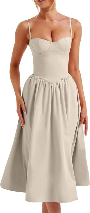 Corset Dress for Women Elegant Spaghetti Strap Bustier Midi Dress Flowy Pleated Hem Low Cut Prom Dresses with Pockets