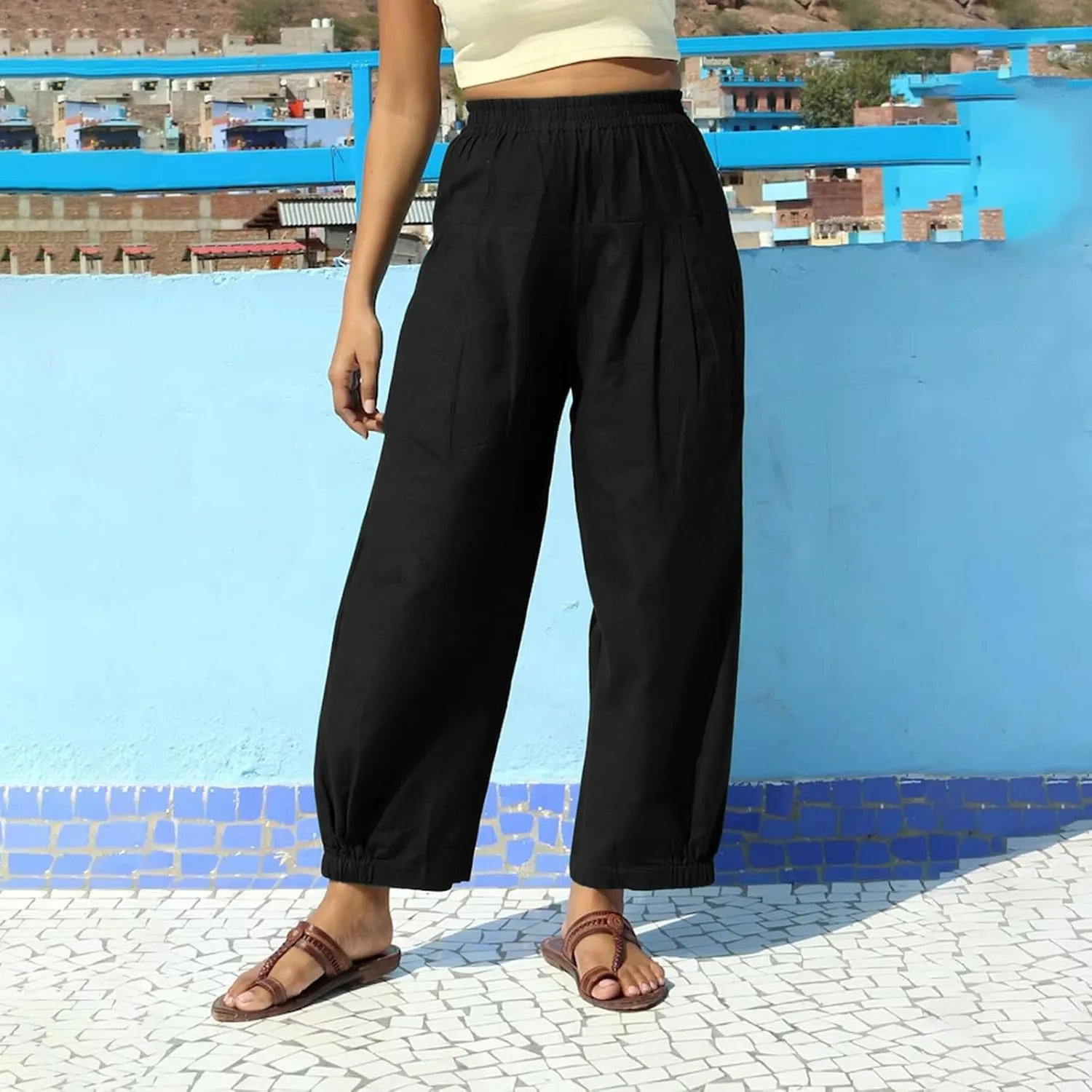 Cotton Linen Pants Women Wide Leg Stretch High Waisted Pleated Loose Casual Summer Trousers with Pockets