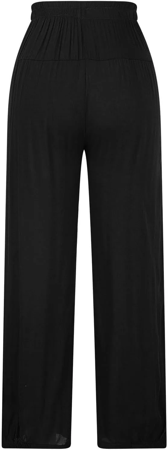 Cotton Linen Pants Women Wide Leg Stretch High Waisted Pleated Loose Casual Summer Trousers with Pockets