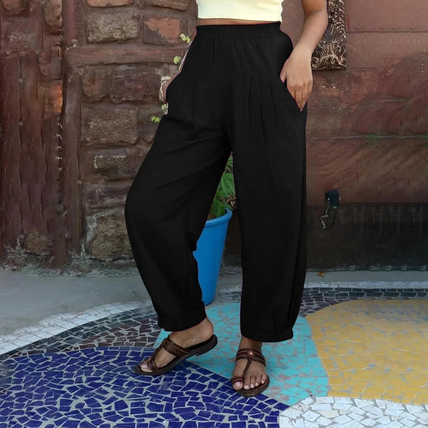 Cotton Linen Pants Women Wide Leg Stretch High Waisted Pleated Loose Casual Summer Trousers with Pockets