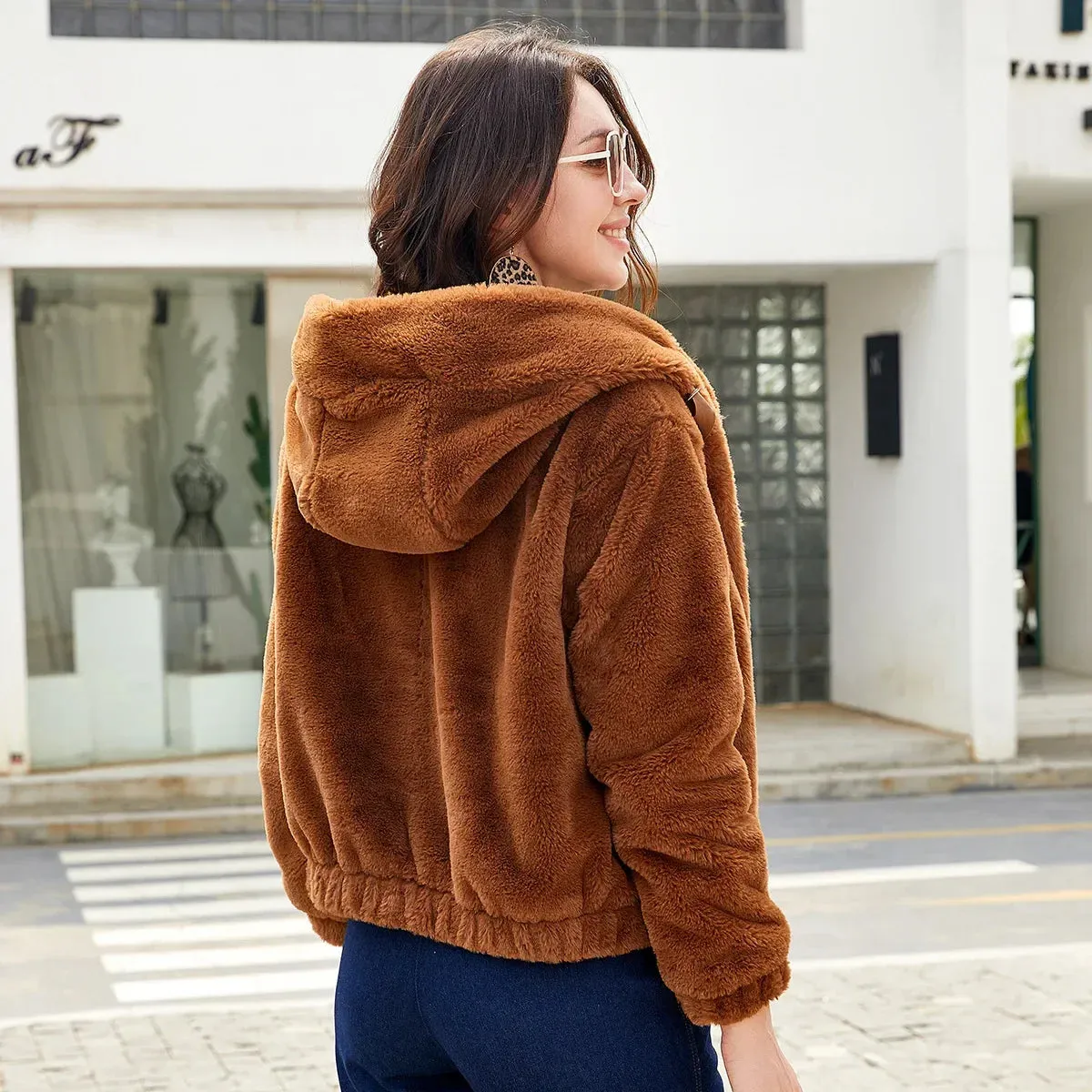 Fall Winter 2024 New Women Jacket Hooded Long Sleeve Warm Cotton Solid Color Short Jacket Coat