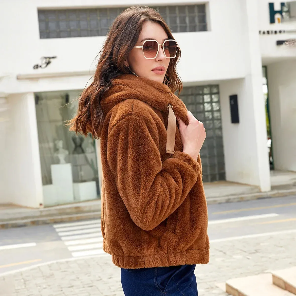 Fall Winter 2024 New Women Jacket Hooded Long Sleeve Warm Cotton Solid Color Short Jacket Coat