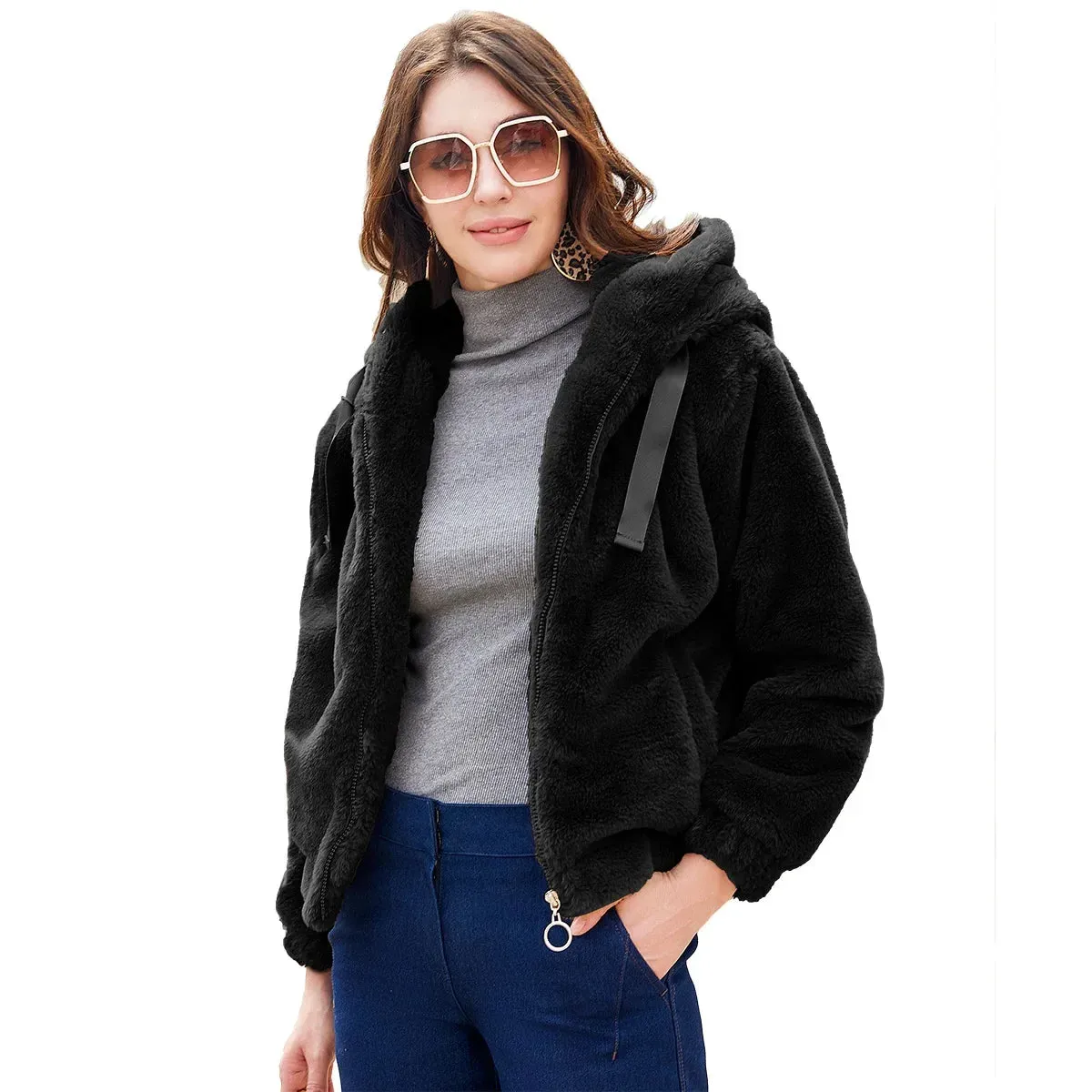 Fall Winter 2024 New Women Jacket Hooded Long Sleeve Warm Cotton Solid Color Short Jacket Coat